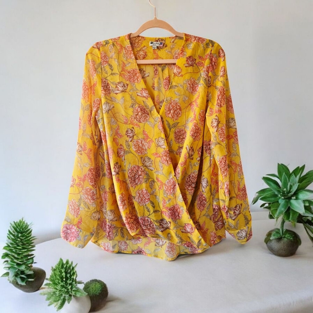 Kut From The Kloth Floral Surplice V Neck Faux Wrap Long Sleeve Yellow Medium